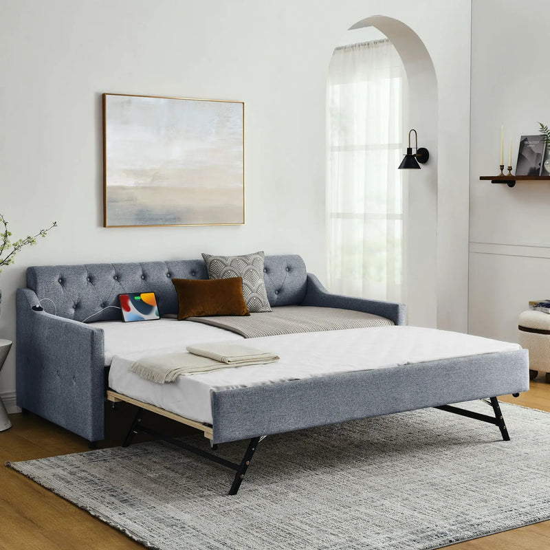 Size Upholstered Daybed With Trundle And USB Charging Armrest by Unique Piece Furniture