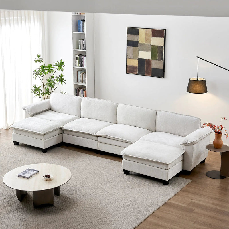 Living Room Furniture Sofa Luxury Couch Four Seater with Two Ottomans Soft Chenille Upholstered U Shape Sofa by HouseOfZazla