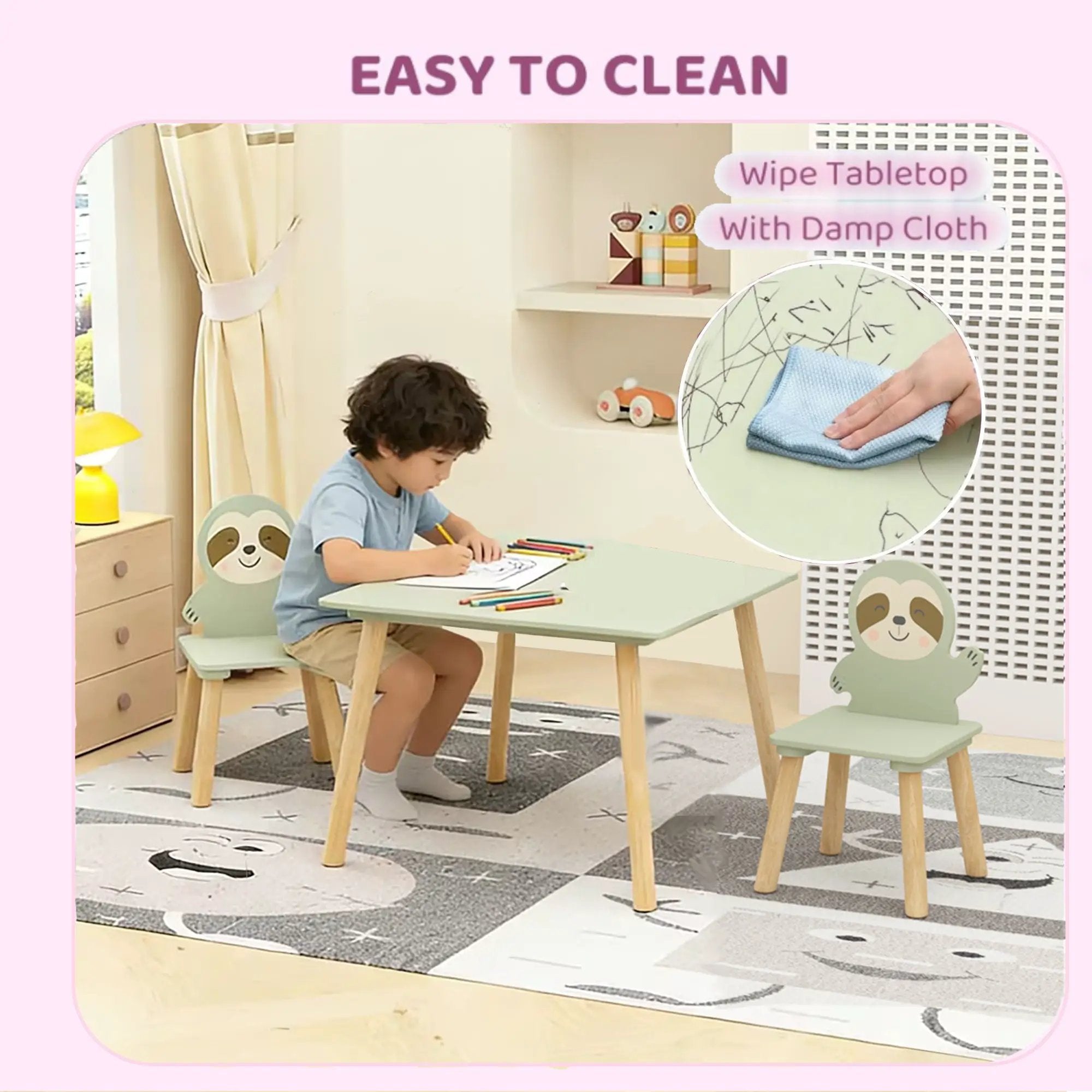 Sloth Themed Table And Chair Set With 2 Cute Animal Chairs - Natural Wood / Sage Green by HouseOfZazla