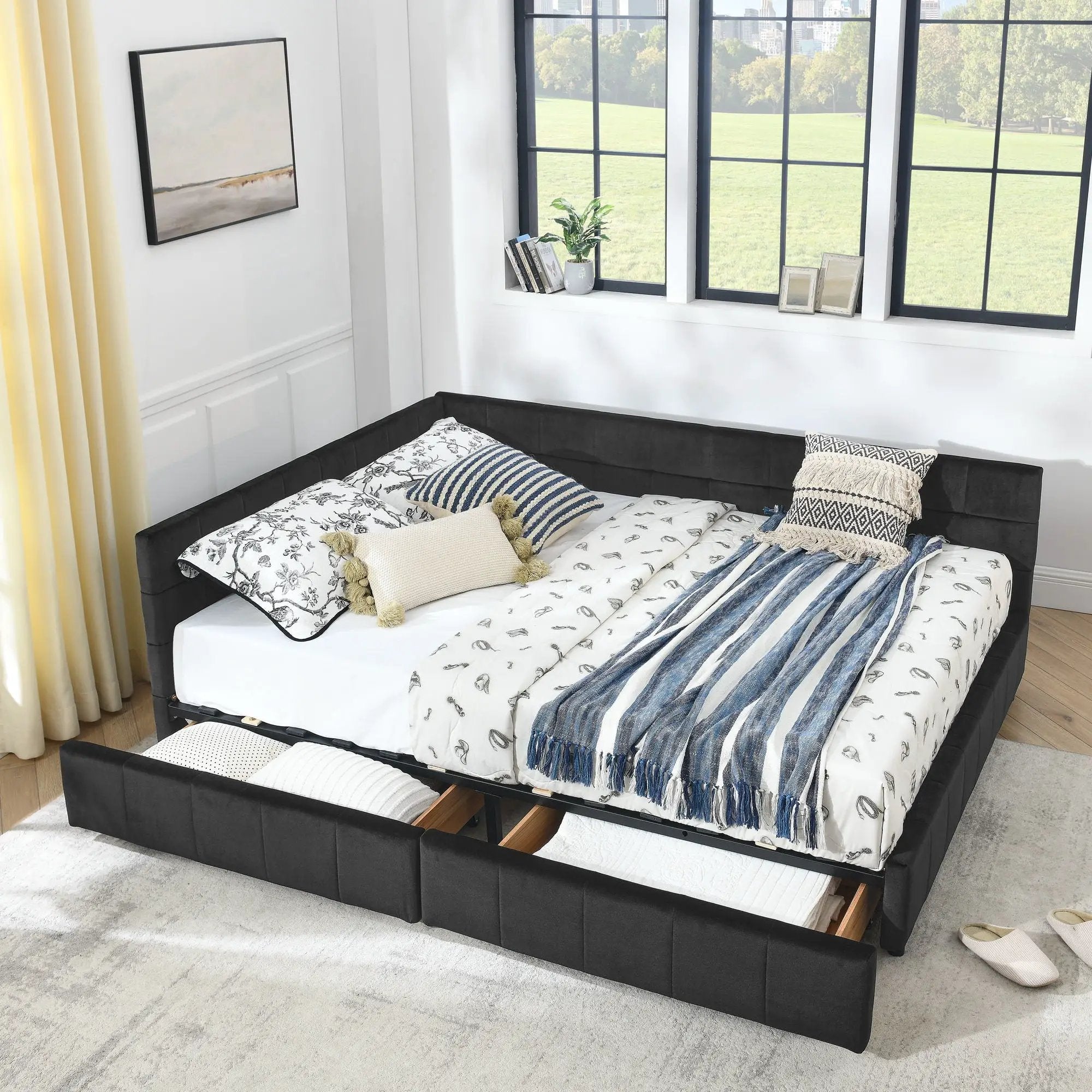 Mid-Century Storage Upholstered Tufted Bed Frame With Backrest And Armrests by Unique Piece Furniture