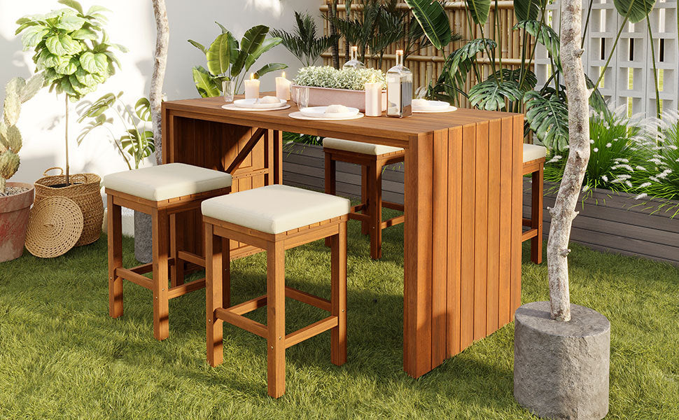5 Piece Outdoor Bar Set with Acacia Wood Table & Cushioned Stools by HouseOfZazla