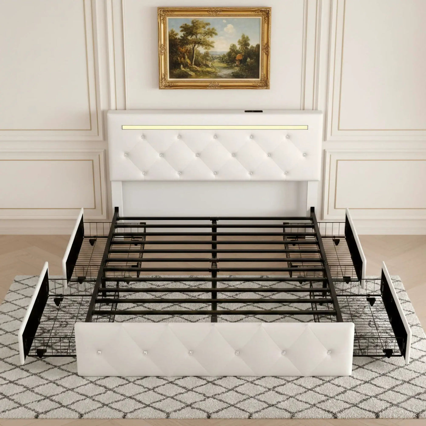 Upholstered Bed Frame With LED Lights, 4 Storage Drawers, Charging Station by HouseOfZazla
