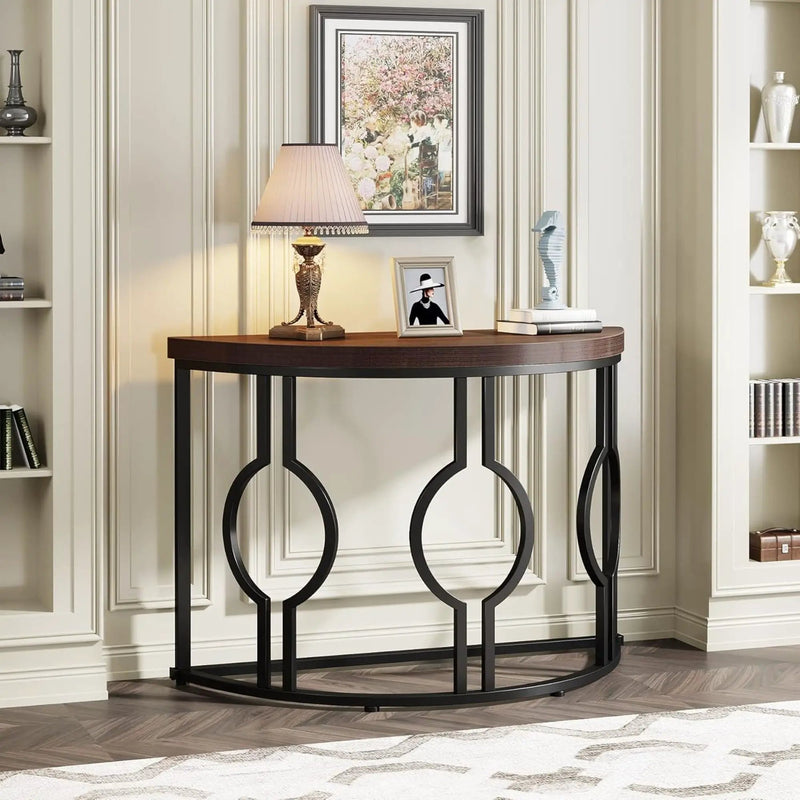 Semi Circle, Half Moon Console Table For Entryway With Geometric Base For Living Hallway - Rustic Brown by HouseOfZazla