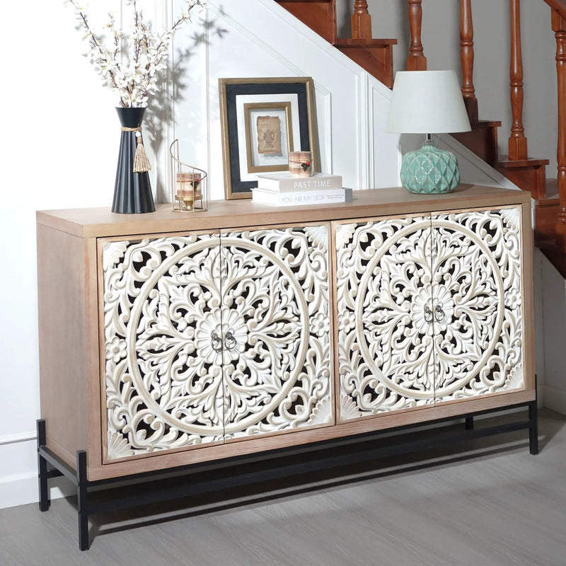 Carved 4 Door Cabinet, Storage Sideboard For Living Room - Multi by Unique Piece Furniture