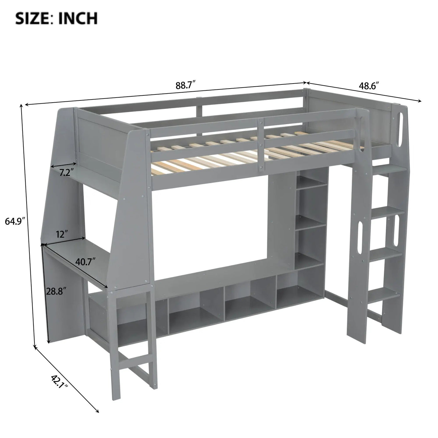 Gaming Loft Bed With Desk, Multi Storage Shelves, LED Lighting, And Hanging Clothes Rack by HouseOfZazla