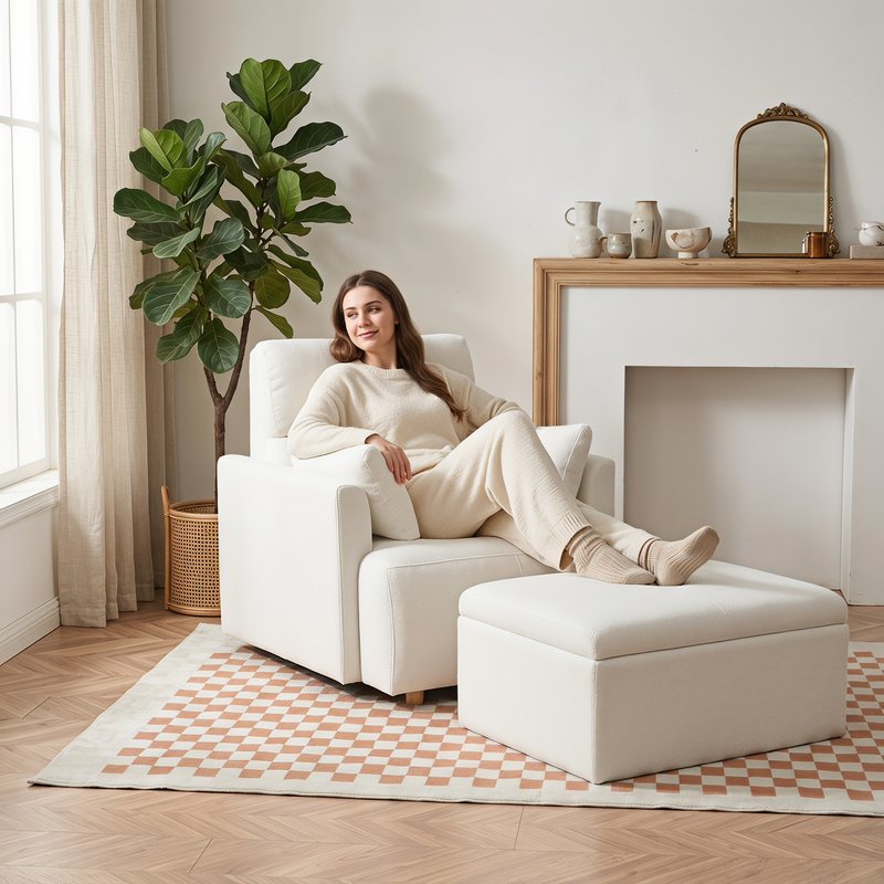 Oversized Accent Chair w/Storage Ottoman, Wide Accent Armchair Chair for Living Room, Modern Sofa Lounge Chair, Upholstered Mid-Century Reading Chair, Comfy Living Room Chair, Deep Seat Couch(White)