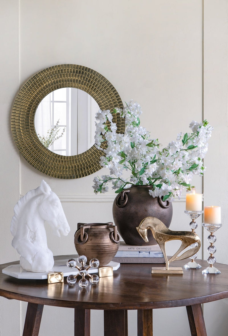 29.5" Round Gold and Black Wooden Accent Mirror with Woven Texture by HouseOfZazla