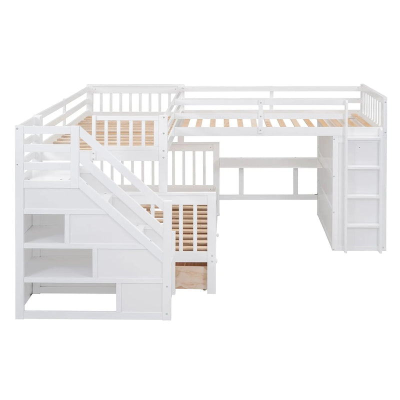 L Shaped Bunk Bed With 3 Drawers, Portable Desk And Wardrobe
