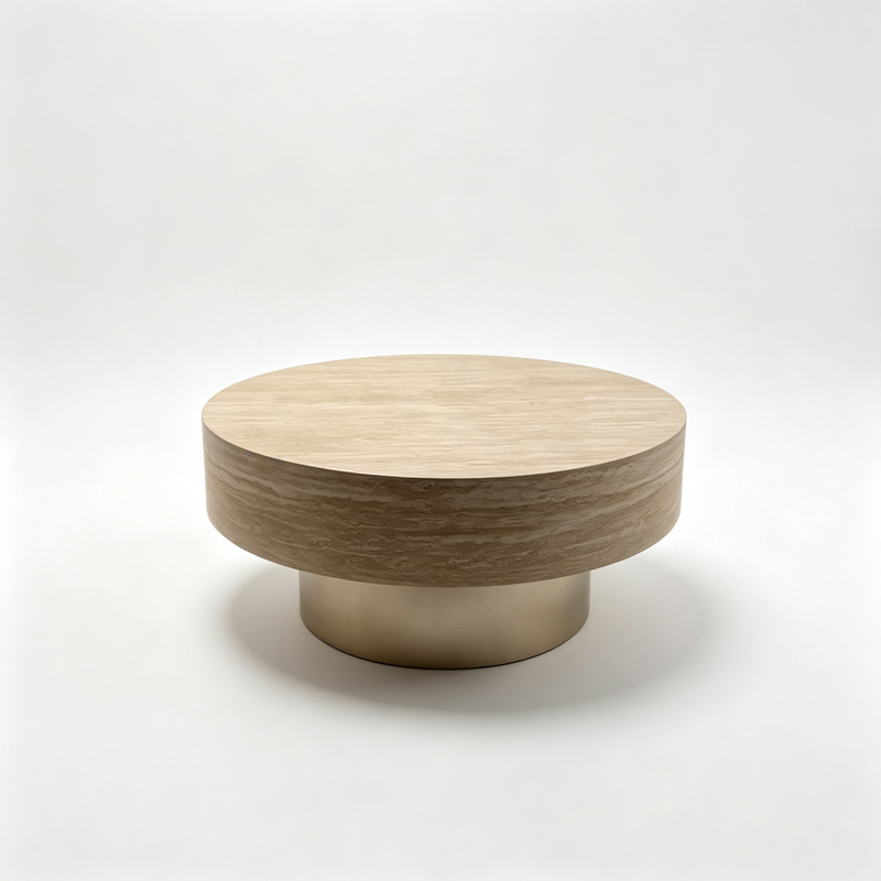 31.88 Inch Round Travertine Coffee Table with MDF Base - Beige, photo 5 of 10