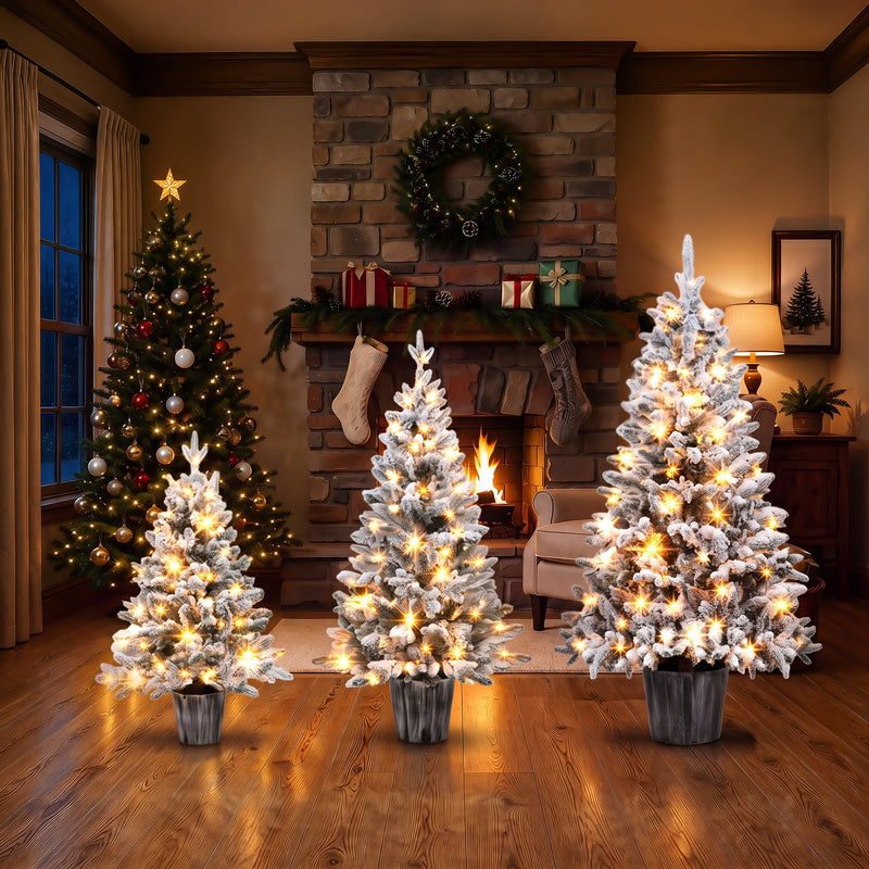 3-Piece Flocked Pre-Lit Christmas Tree Set with Warm White LED Lights - Flocked Finish, photo 2 of 10