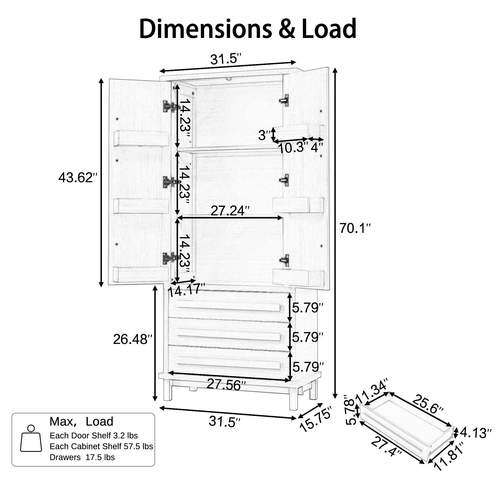 70" Kitchen Pantry Cabinet with 6 Door Shelves and 3 Drawers by HouseOfZazla