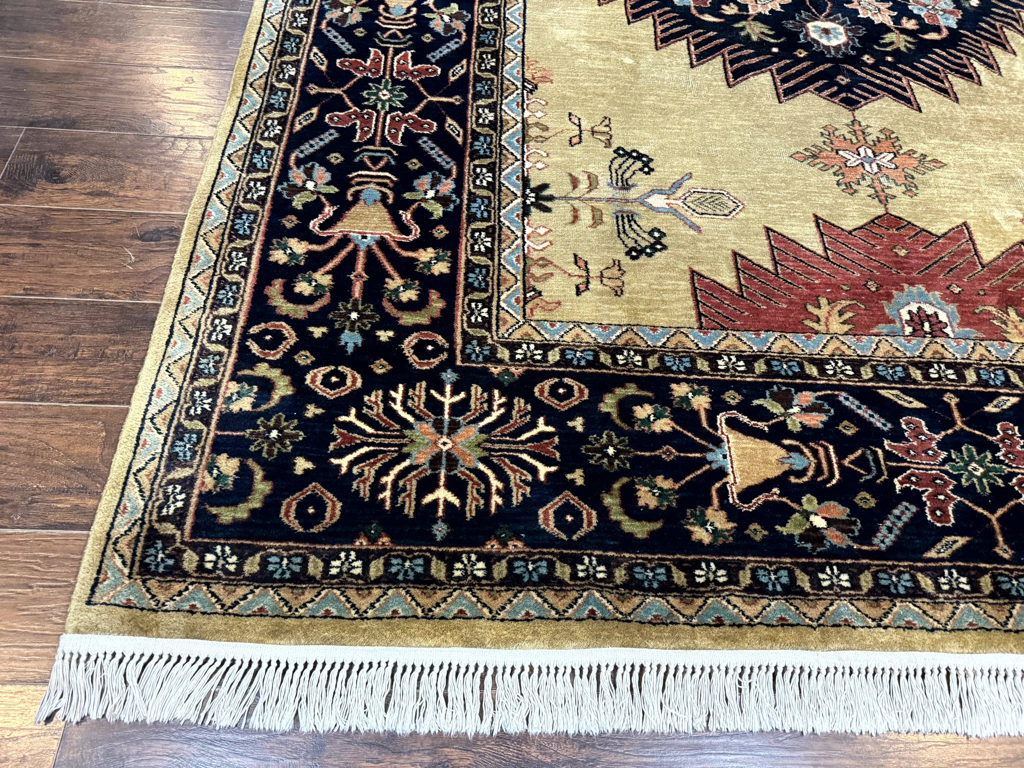 Indo Persian Heriz Rug 8x12, Camel Hair Tan and Navy Blue, Decorative by Jewel Rugs