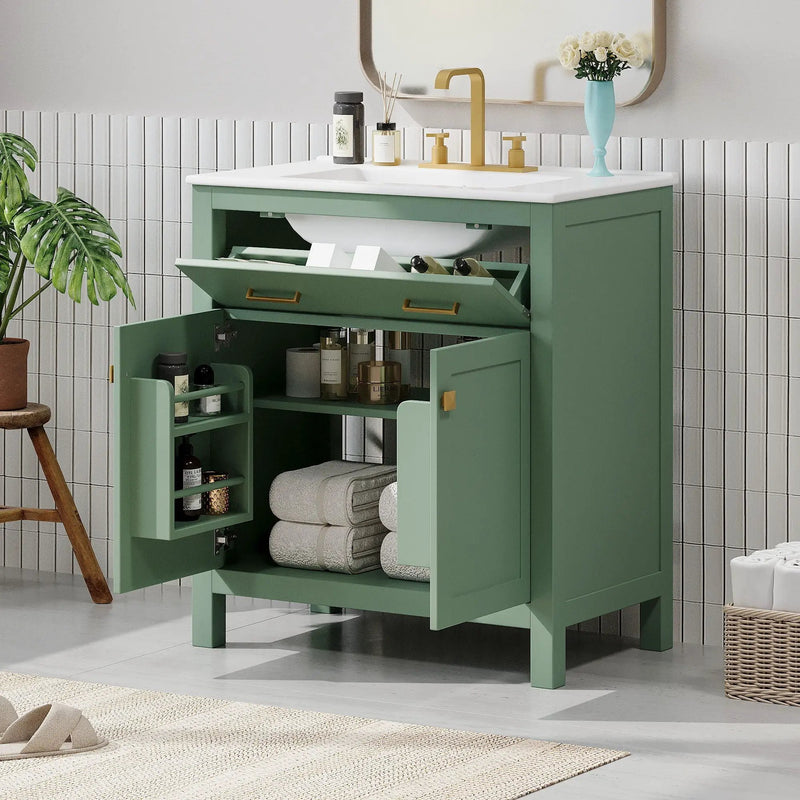 Bathroom Vanity With Ceramic Sink, Modern Single Bathroom Cabinet With 2 Doors And A Shelf, Soft Close Doors by HouseOfZazla