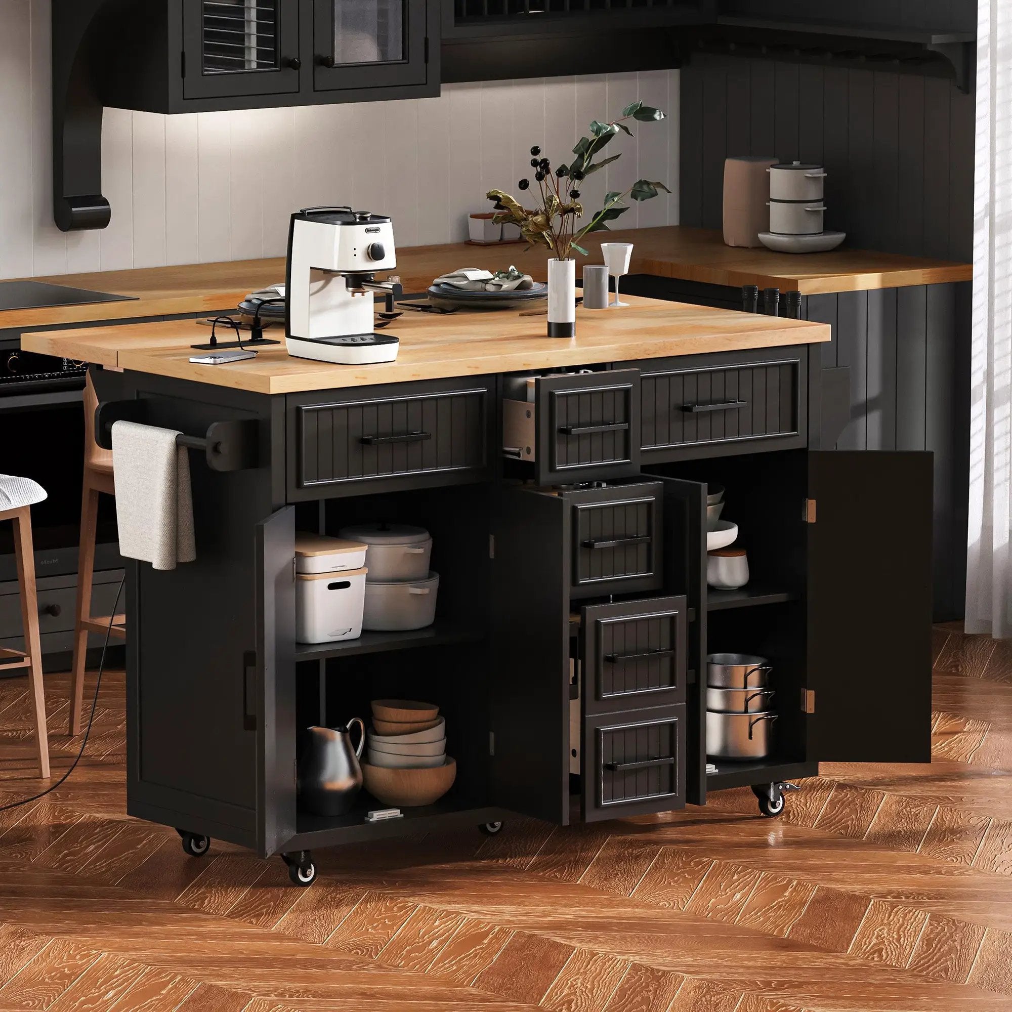 K&K 56.5'' Kitchen Island with Drop Leaf, Power Outlet by HouseOfZazla