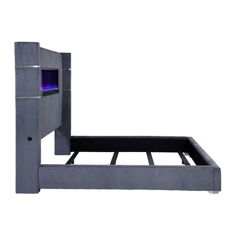 Tisdall Upholstered Eastern King Flame Visualizer Bed Grey by Unique Piece Furniture