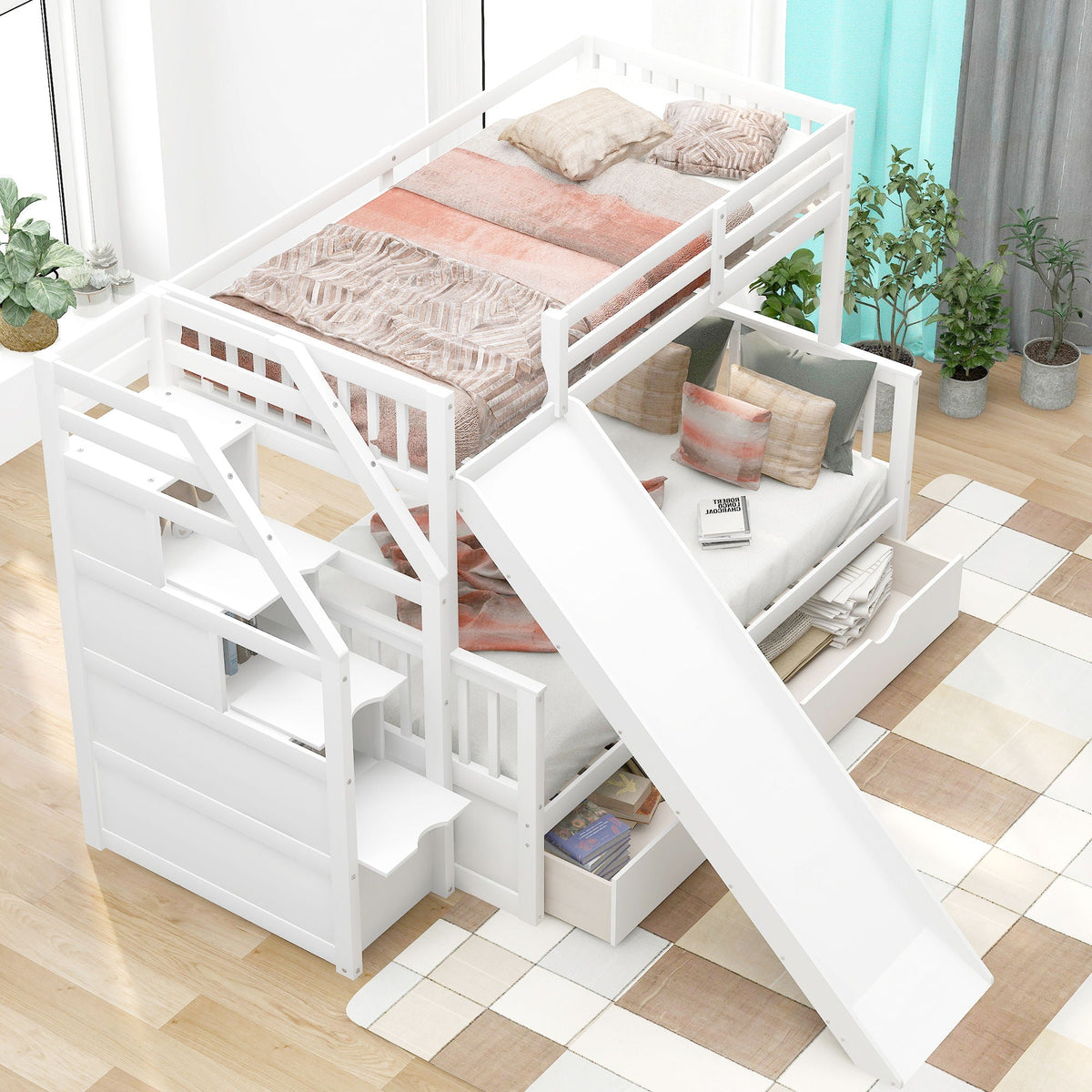 Bunk Bed with Storage Staircase, Slide & Desk - Twin or Full - Dark Gray or White, photo 32 of 40