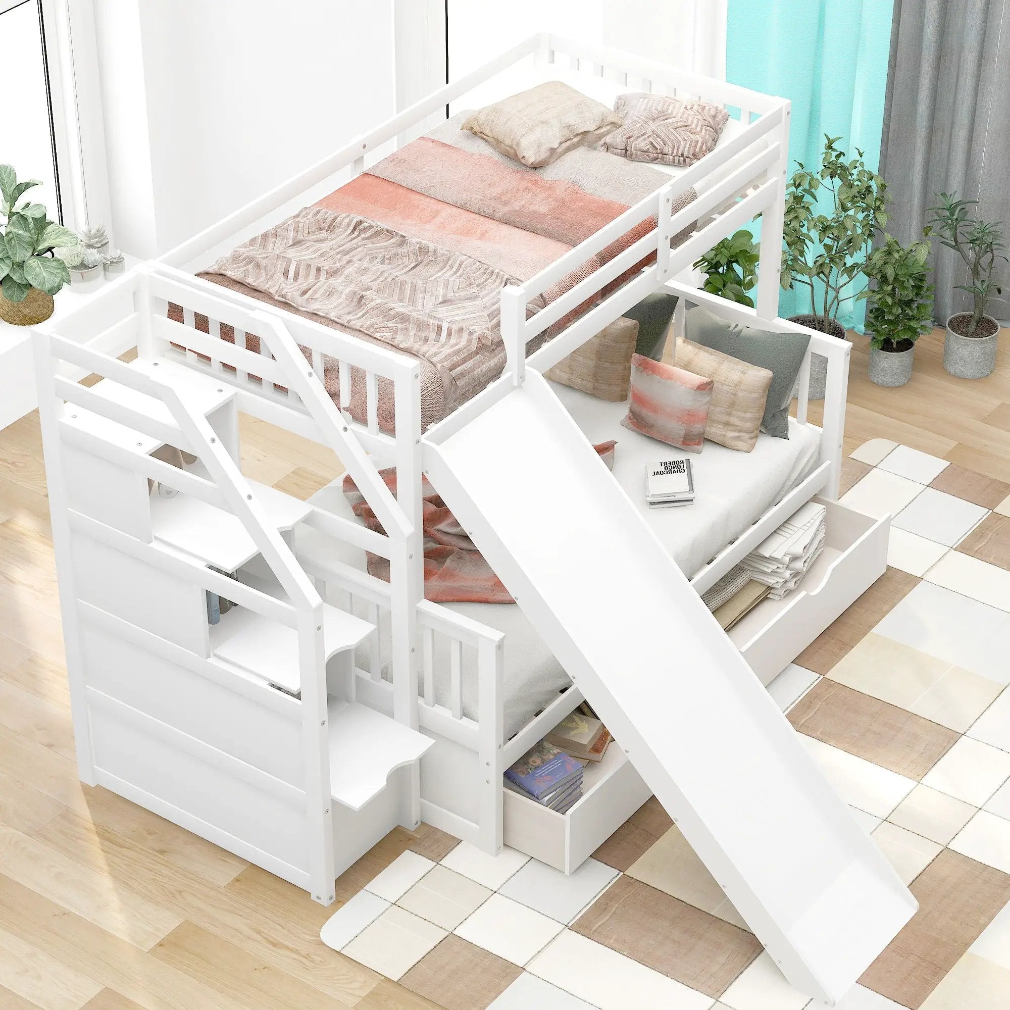 Bunk Bed With Storage Staircase, Slide, Desk, Drawers, And Shelves by Unique Piece Furniture