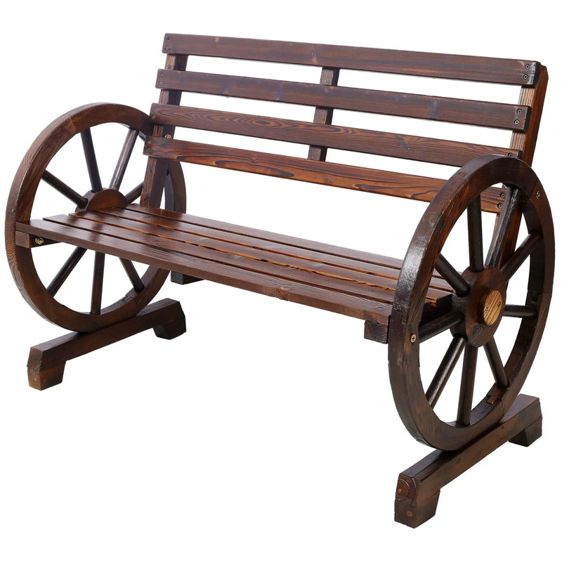 Rustic Country 2 Person Wooden Wagon Wheel Bench With Slatted Seat And Backrest - Brown by HouseOfZazla