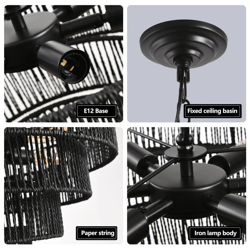 24' Rustic 5-Tier Black Hemp Rope Pendant Light Chandelier by HouseOfZazla