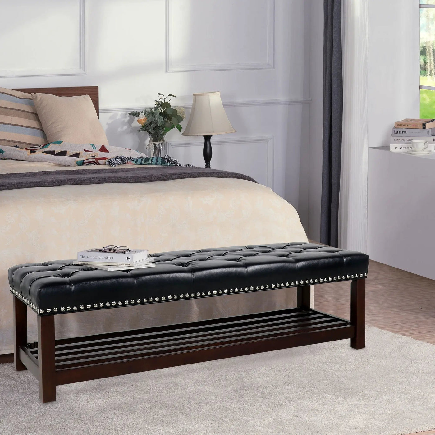 Bedroom End Of Bed Bench Tufted Upholstered End Of Bed Bench End Of Bed Entrance Shoe Bench With Nailhead Trim And Shelf Bedroom Upholstered Bench Living Room Shoe Rack Footstool by Unique Piece Furniture