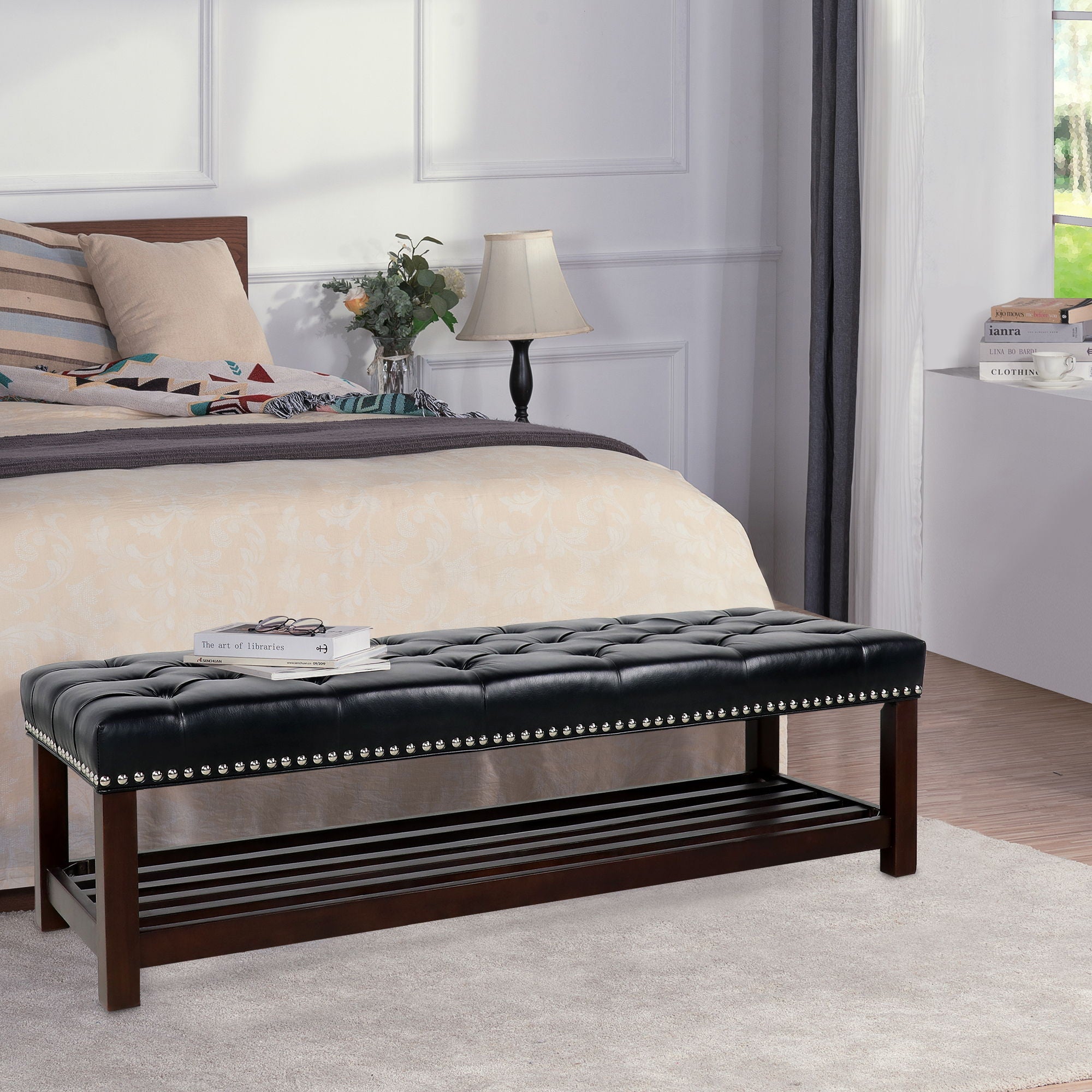 Bedroom End Of Bed Bench Tufted Upholstered End Of Bed Bench End Of Bed Entrance Shoe Bench With Nailhead Trim And Shelf Bedroom Upholstered Bench Living Room Shoe Rack Footstool by Unique Piece Furniture