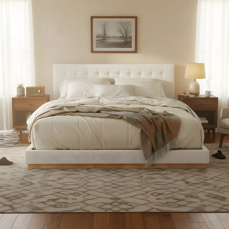 Solid Rubber Wood Platform Bed with Upholstered Headboard by HouseOfZazla