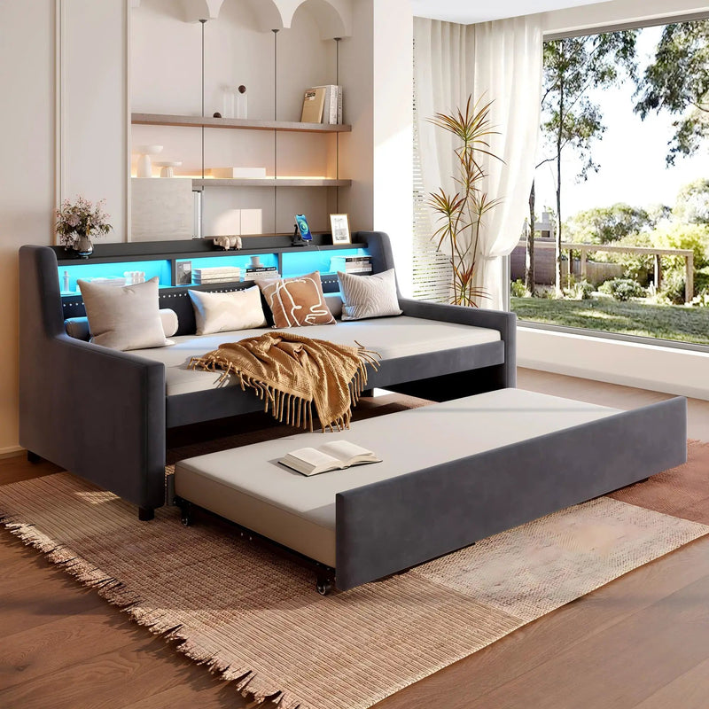 Twin Size Daybed With Trundle With LED Light ＆ Charging Station - Dark Gray by Unique Piece Furniture