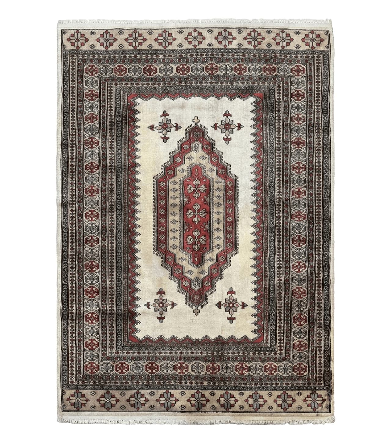 Pakistani Turkoman Rug 4x6, Semi Open Field, Ivory, Vintage by Jewel Rugs