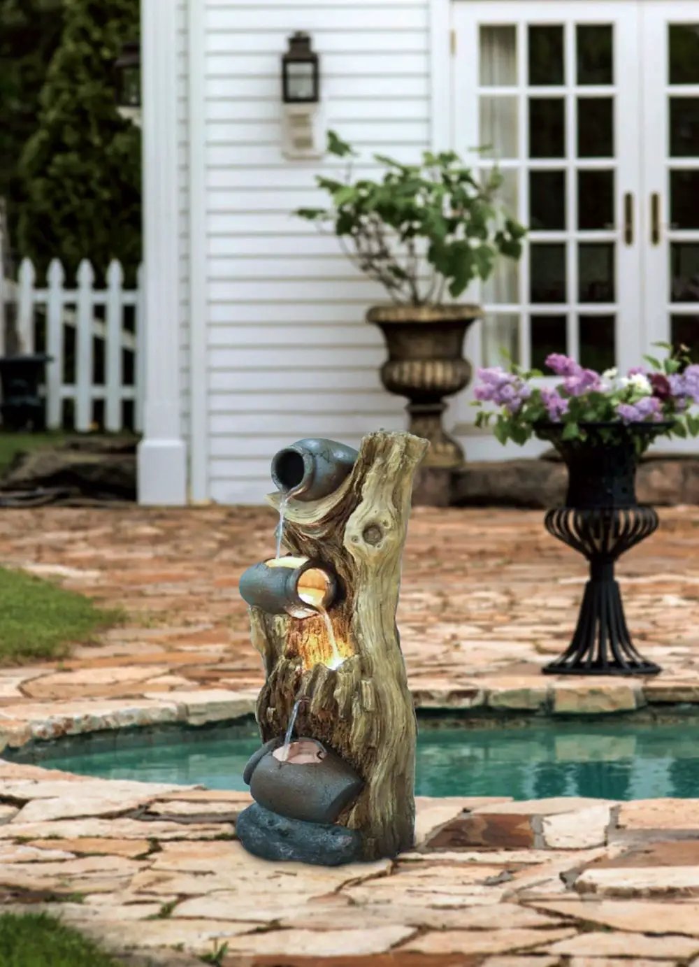 Decorative 3 Tier Tree Trunk Fountain With Lights And Pump - Brown by Unique Piece Furniture
