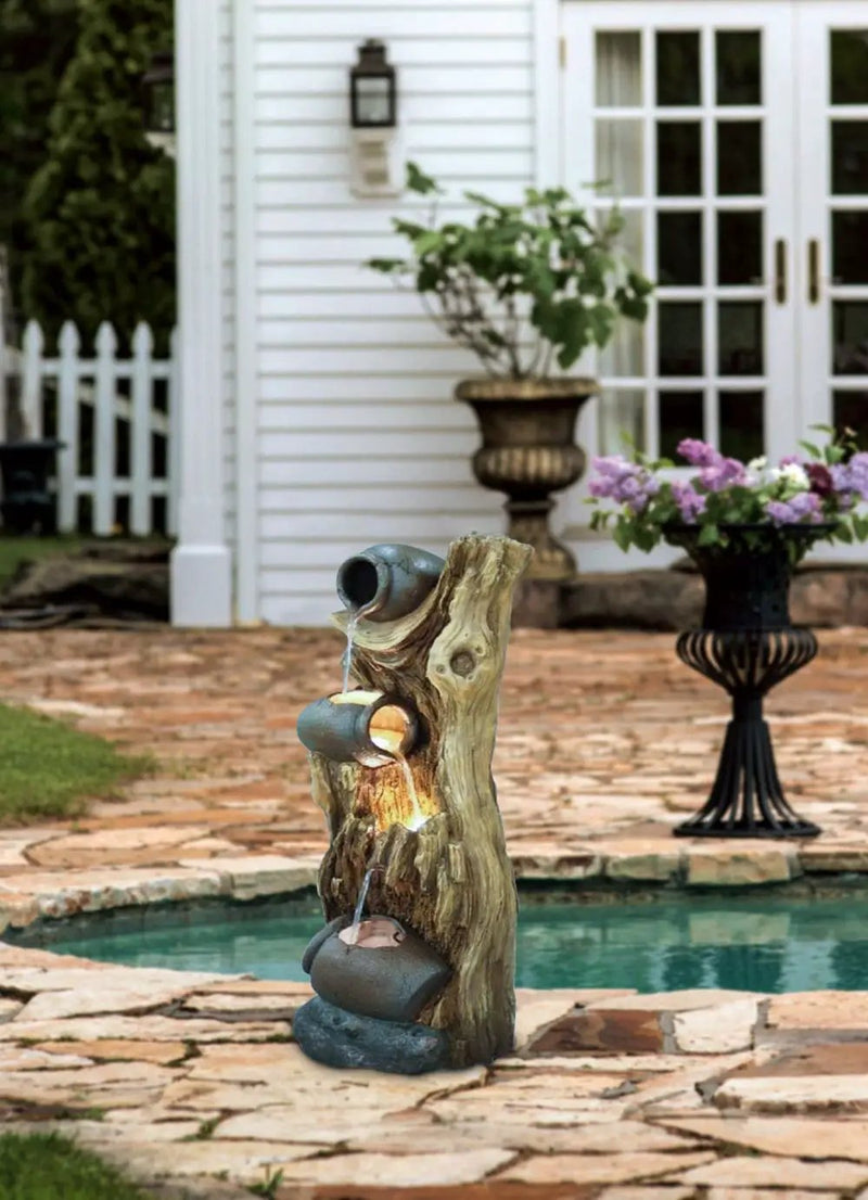 Decorative 3 Tier Tree Trunk Fountain With Lights And Pump - Brown by Unique Piece Furniture