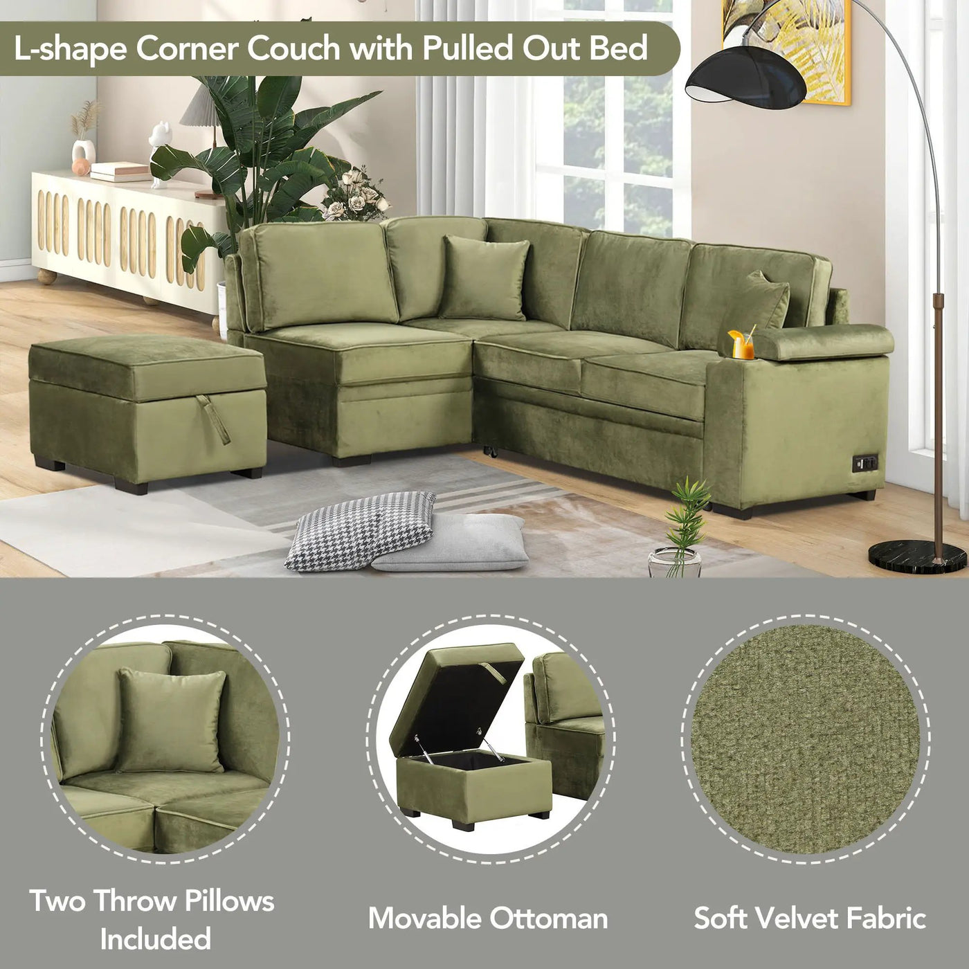 Sleeper Sofa Bed, 2 In 1 Pull Out Sofa Bed L Shape Couch With Storage Ottoman For Living Room, Bedroom Couch And Small Apartment by Unique Piece Furniture
