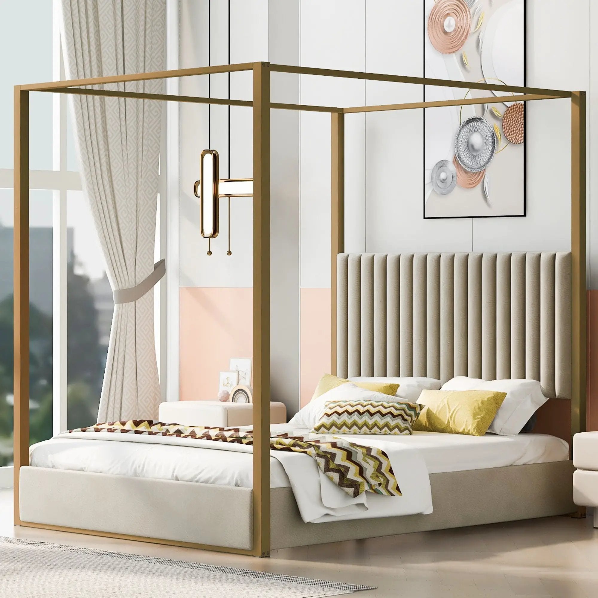 Upholstered Canopy Platform Bed With Frame, Queen Size - Beige by HouseOfZazla