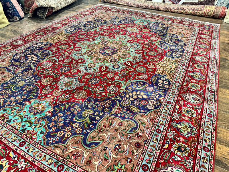 Wonderful Persian Tabriz Rug 10x14, Antique Persian Carpet, Handmade Wool Rug, Floral Medallion, Red Navy Blue, Colorful, Large Persian Area Rug by Jewel Rugs