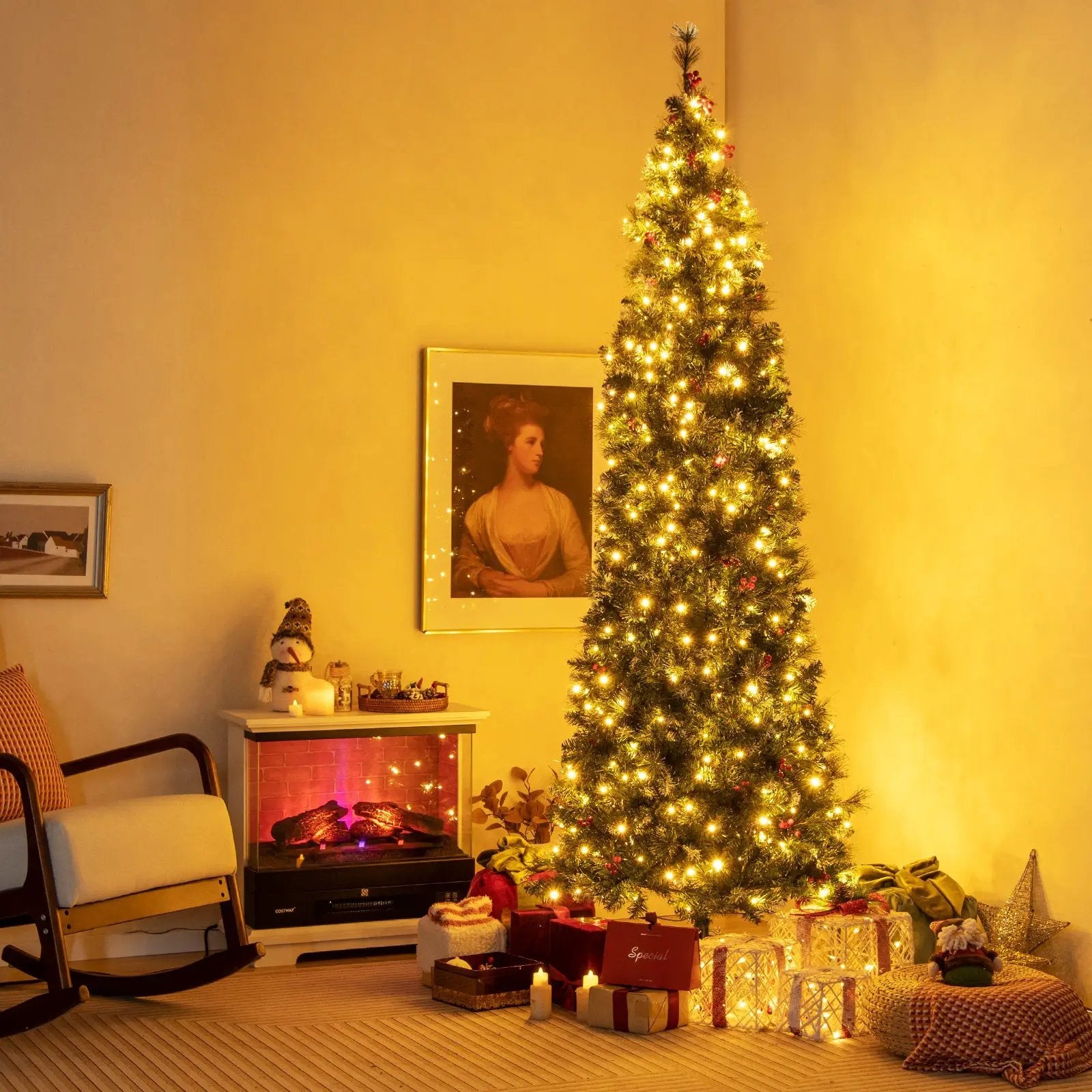 5/6/7/8/9 FT Pre-Lit Artificial Hinged Slim Pencil Christmas Tree by DirectDeals