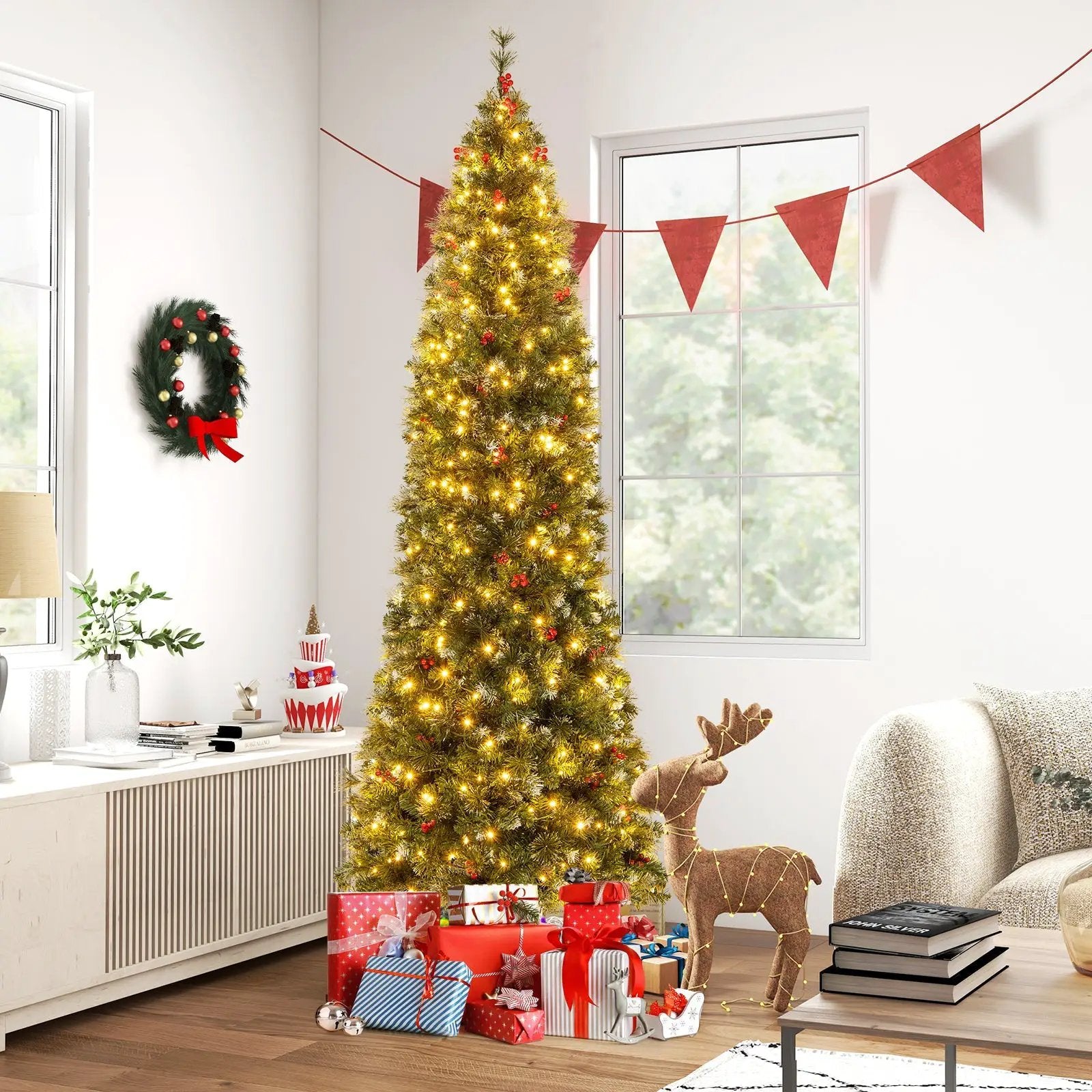 5/6/7/8/9 FT Pre-Lit Artificial Hinged Slim Pencil Christmas Tree by DirectDeals