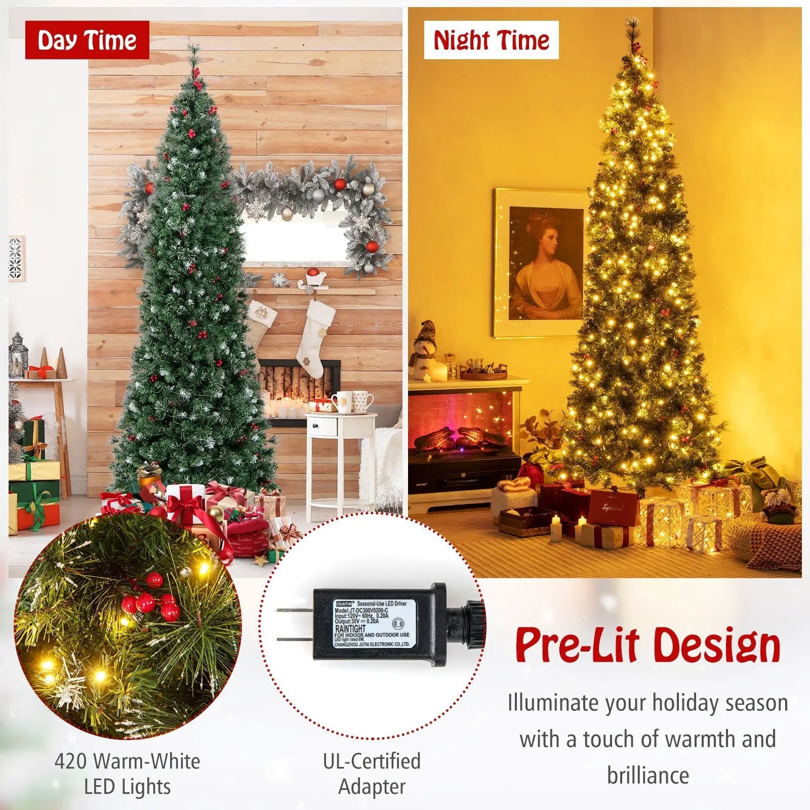 5/6/7/8/9 FT Pre-Lit Artificial Hinged Slim Pencil Christmas Tree by DirectDeals