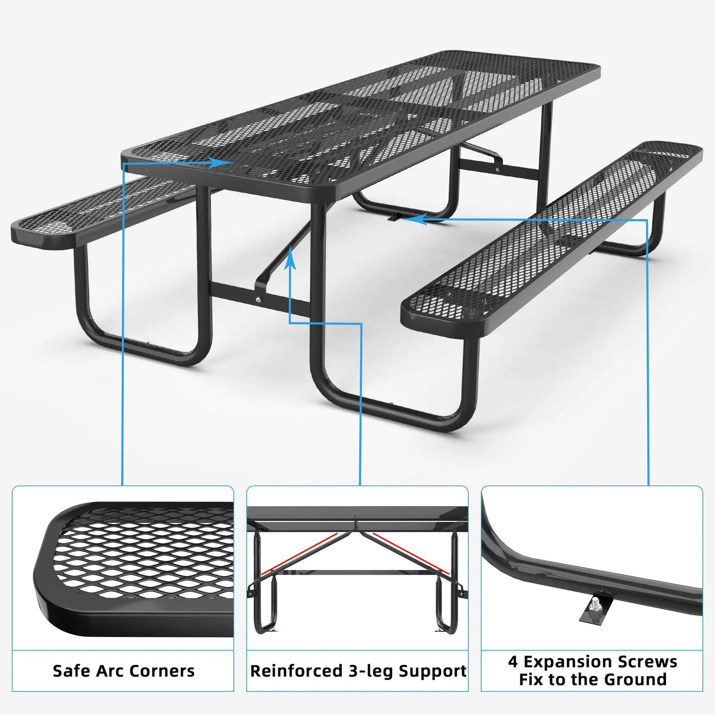 8 ft Metal Picnic Tables for Outdoors, Rectangle Coated Steel Patio Furniture Set by Chery Industrial