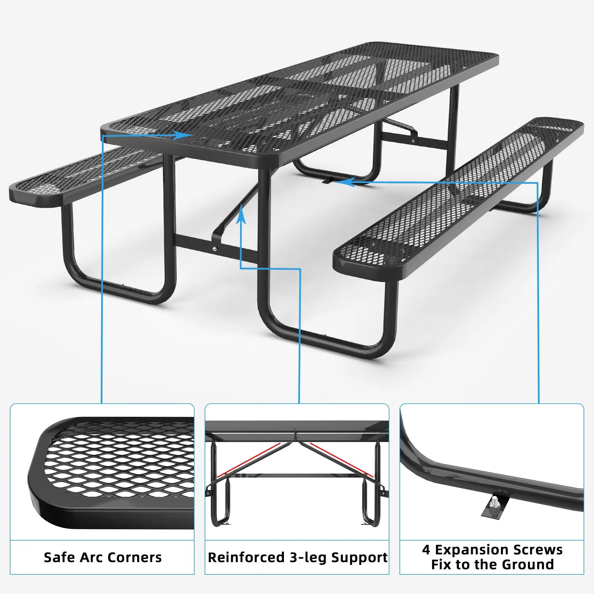 8 ft Metal Picnic Tables for Outdoors, Rectangle Coated Steel Patio Furniture Set by Chery Industrial