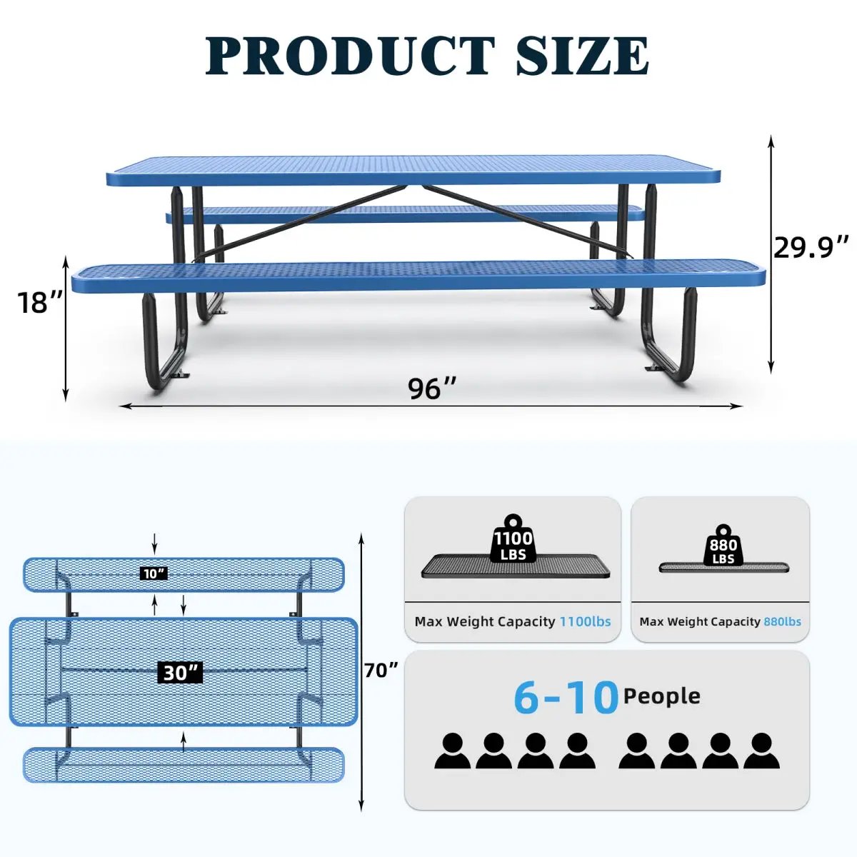 8 ft Metal Picnic Tables for Outdoors, Rectangle Coated Steel Patio Furniture Set by Chery Industrial