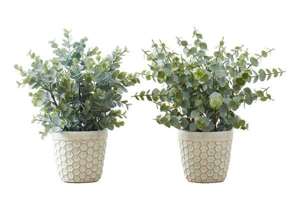 13" Tall Artificial Eucalyptus Grass Plant Set of 2 with White Pots - Dark Green, photo 2 of 4
