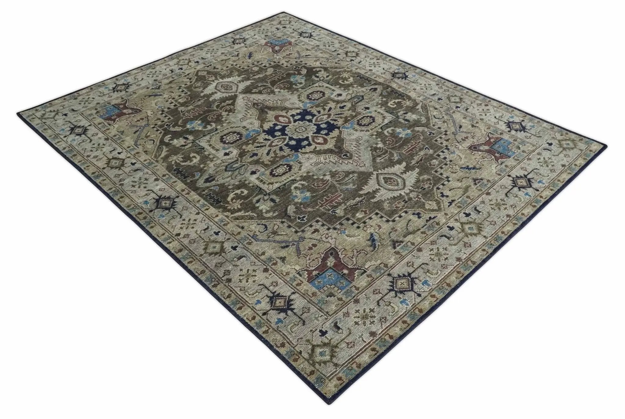8x10 Antique look Brown, Beige and Blue Traditional Medallion wool Area Rug by The Rug Decor