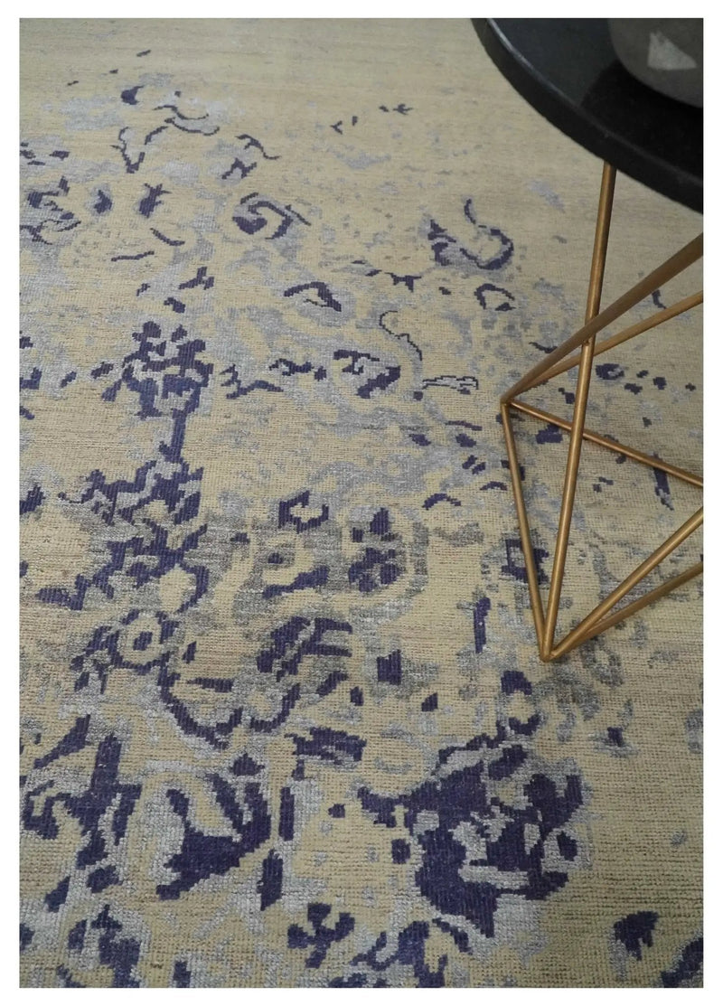 8x10 Beige, Blue and Silver Antique Style, Abstract Hand Knotted Low pile Wool Area Rug by The Rug Decor