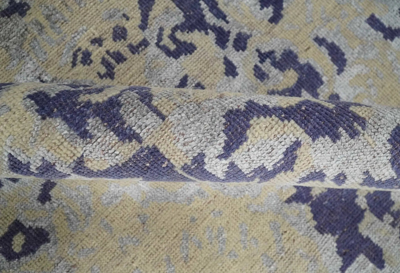 8x10 Beige, Blue and Silver Antique Style, Abstract Hand Knotted Low pile Wool Area Rug by The Rug Decor