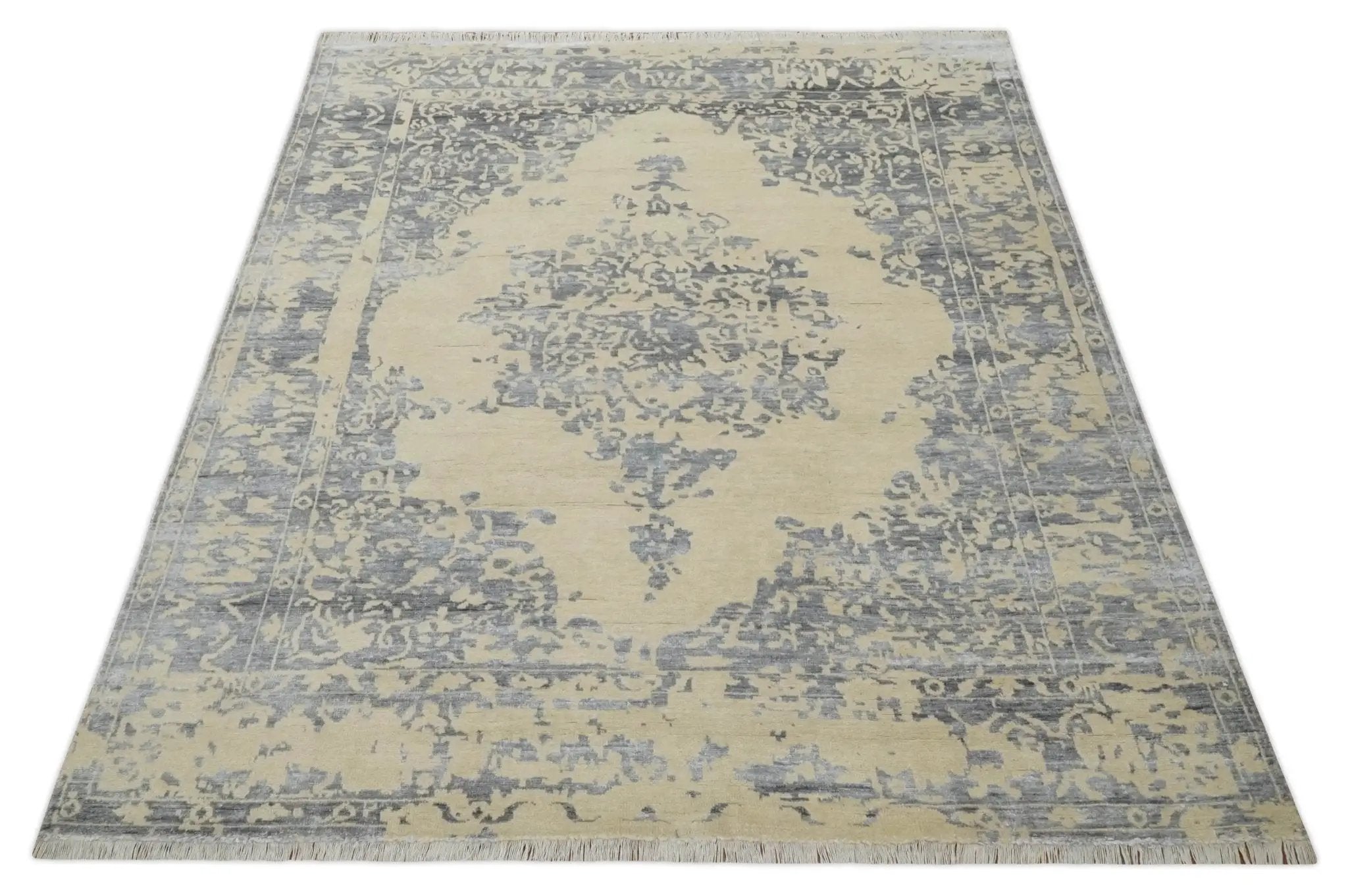 8x10 Beige, Charcoal and Silver Traditional Medallion Hand Knotted Wool and Bamboo Silk Area Rug by The Rug Decor