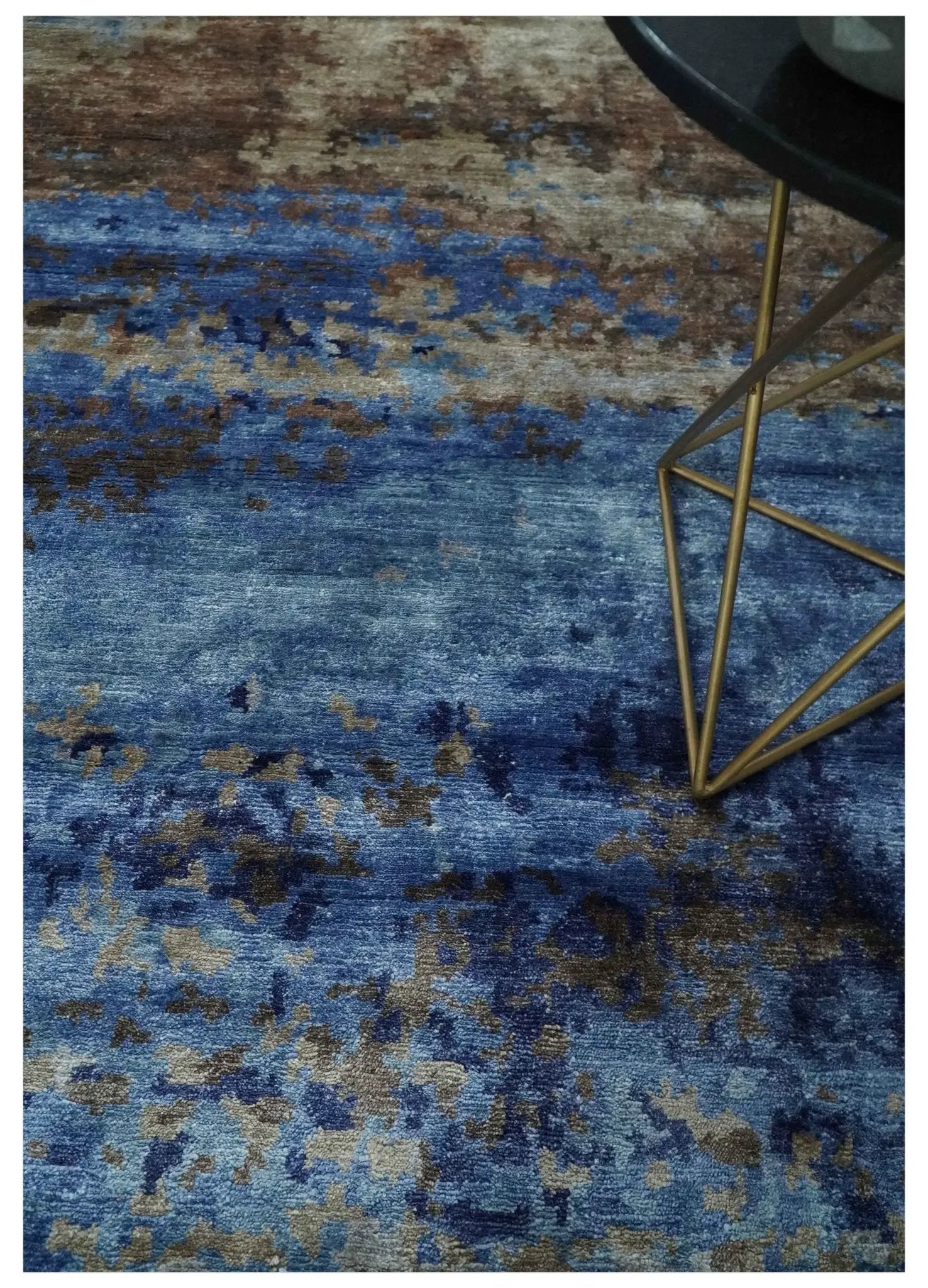 8x10 Blue, Beige and Brown Modern Abstract Hand Knotted wool and bamboo Silk Area Rug by The Rug Decor