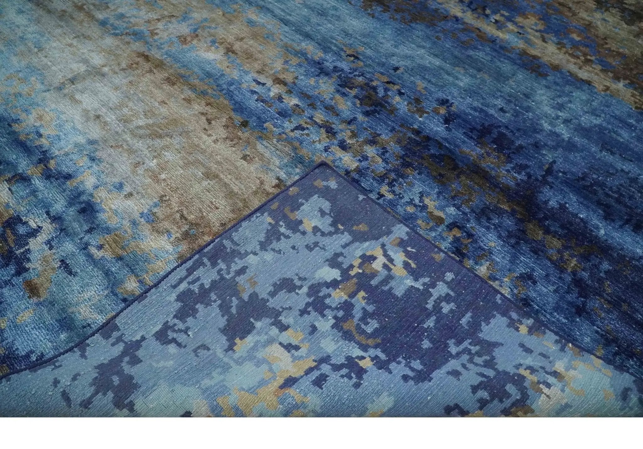 8x10 Blue, Beige and Brown Modern Abstract Hand Knotted wool and bamboo Silk Area Rug by The Rug Decor