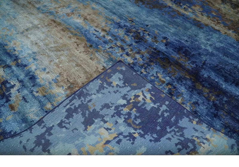 8x10 Blue, Beige and Brown Modern Abstract Hand Knotted wool and bamboo Silk Area Rug by The Rug Decor