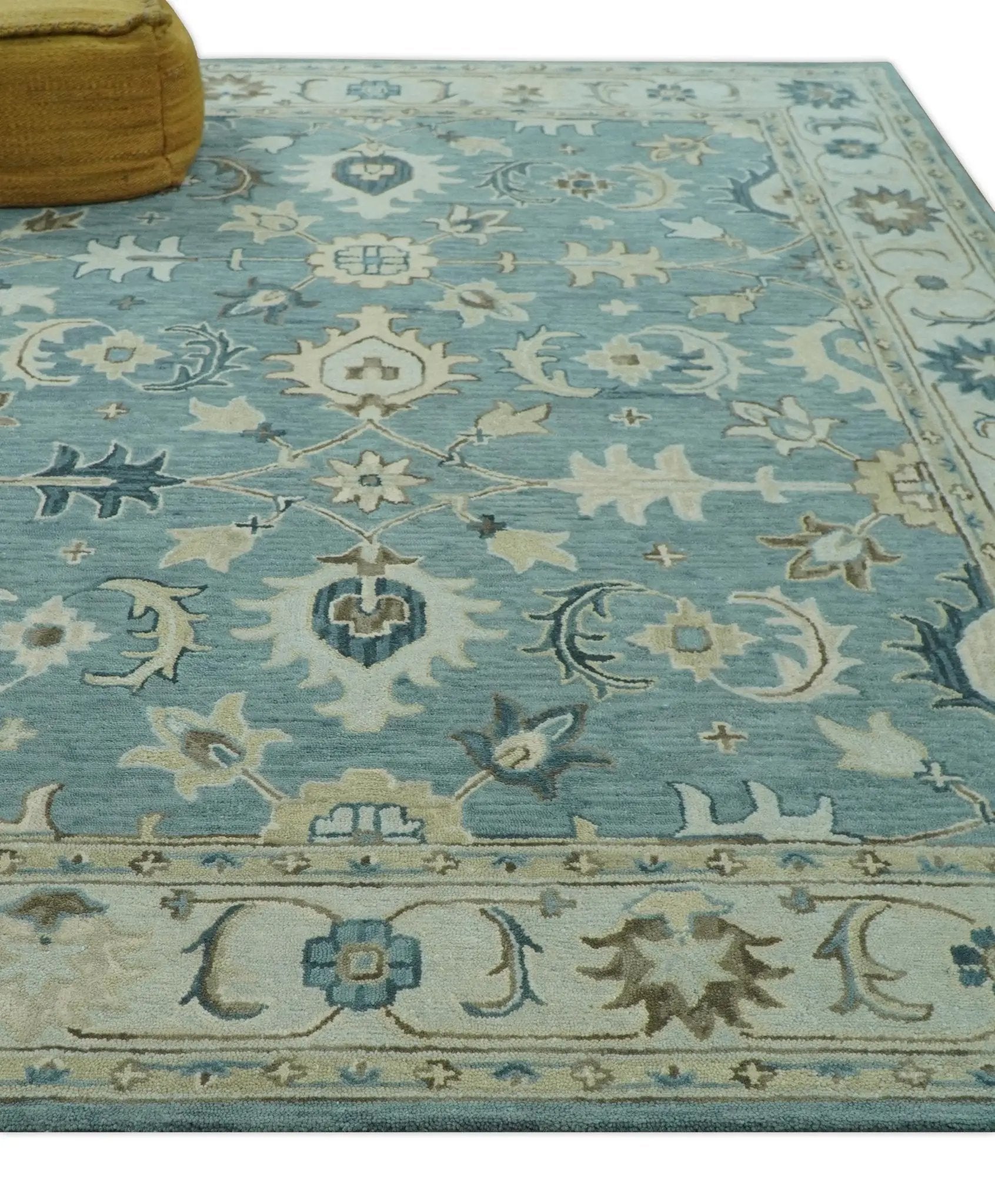 8x10 Blue, Ivory and Beige Hand Tufted Oriental Oushak wool area rug by The Rug Decor