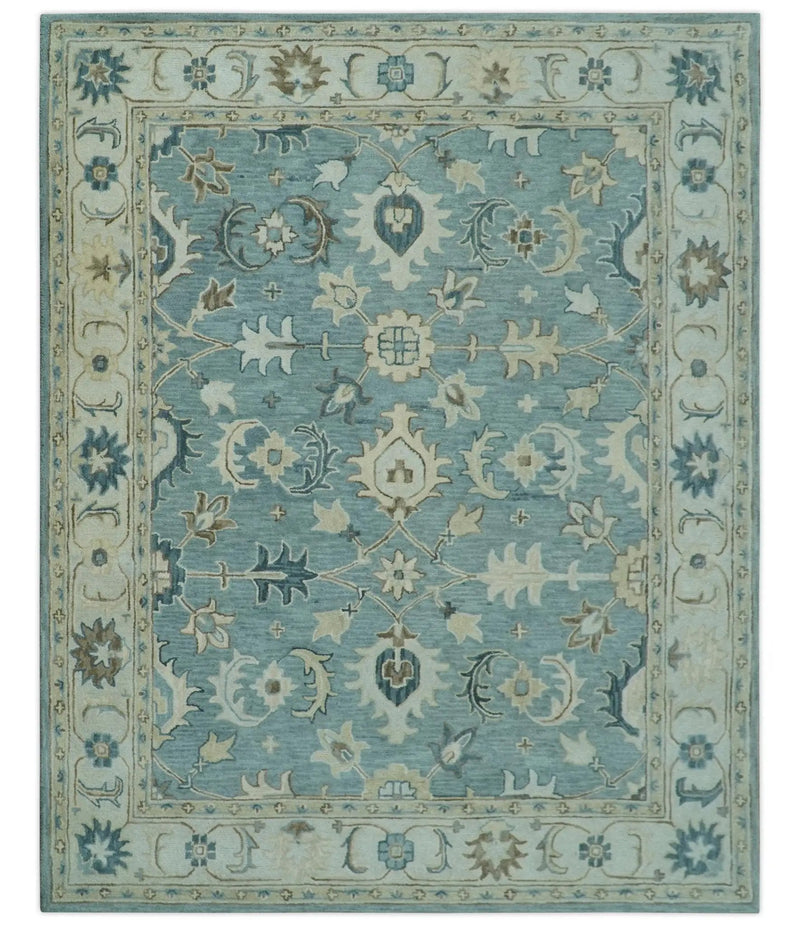 8x10 Blue, Ivory and Beige Hand Tufted Oriental Oushak wool area rug by The Rug Decor
