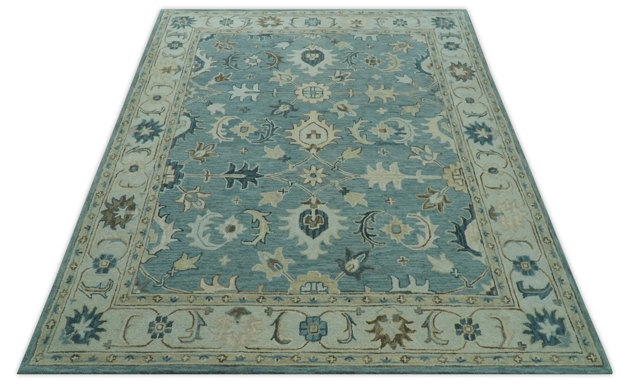 8x10 Blue, Ivory and Beige Hand Tufted Oriental Oushak wool area rug by The Rug Decor